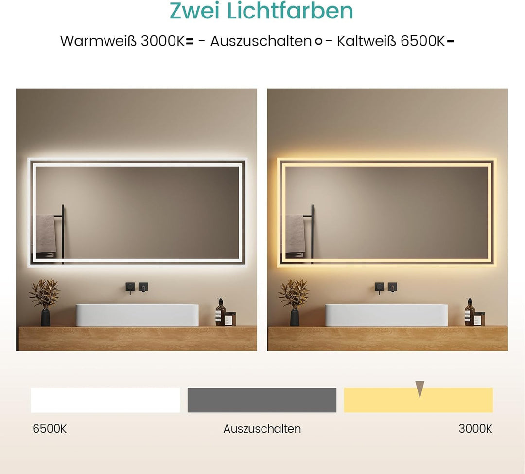 EMKE LED Badspiegel mit Beleuchtung 120x60cm LED Badezimmerspiegel Warmweisses Licht und Kaltesweiss