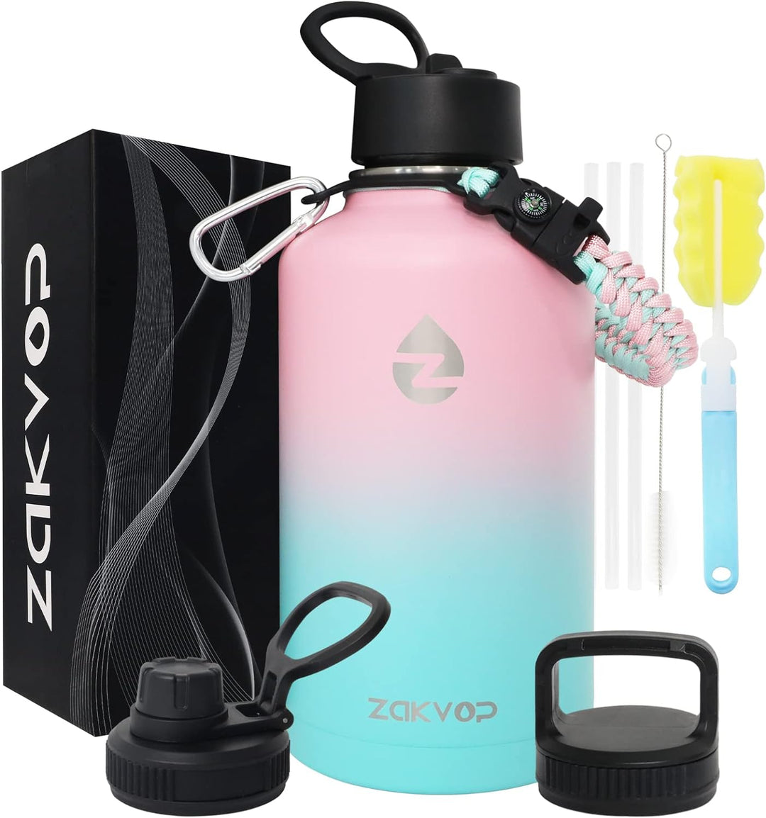 ZAKVOP Thermosflasche, 2L Trinkflasche Edelstahl mit Strohhalmen und 3 Deckeln, Trinkflasche Thermo