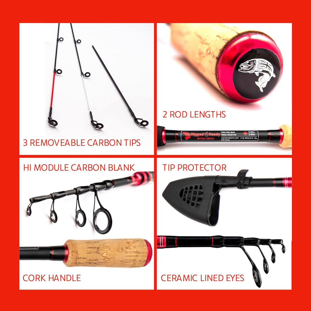 Rigged and Ready Fish Rig Max Tele Angelrute Die einzige Spin-Baitcast Teleskoprute der Welt 240 & 2