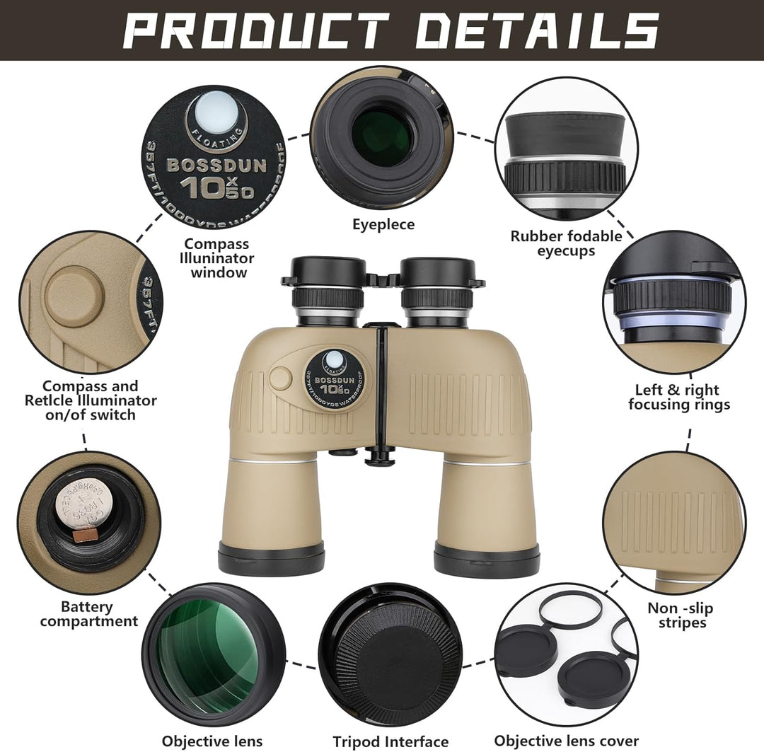 10x50 Marine Fernglas,Fernglas mit Nachtsicht Entfernungsmesser und Kompass, für Wassersport-Enthusi