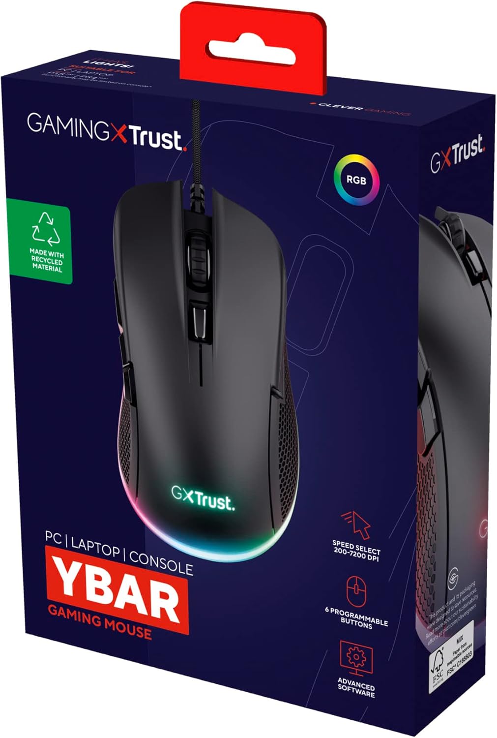 Trust Gaming GXT 922 Ybar Gaming Maus, 68% Recycelten Materialien, RGB LED-Beleuchtung, 6 Programmie