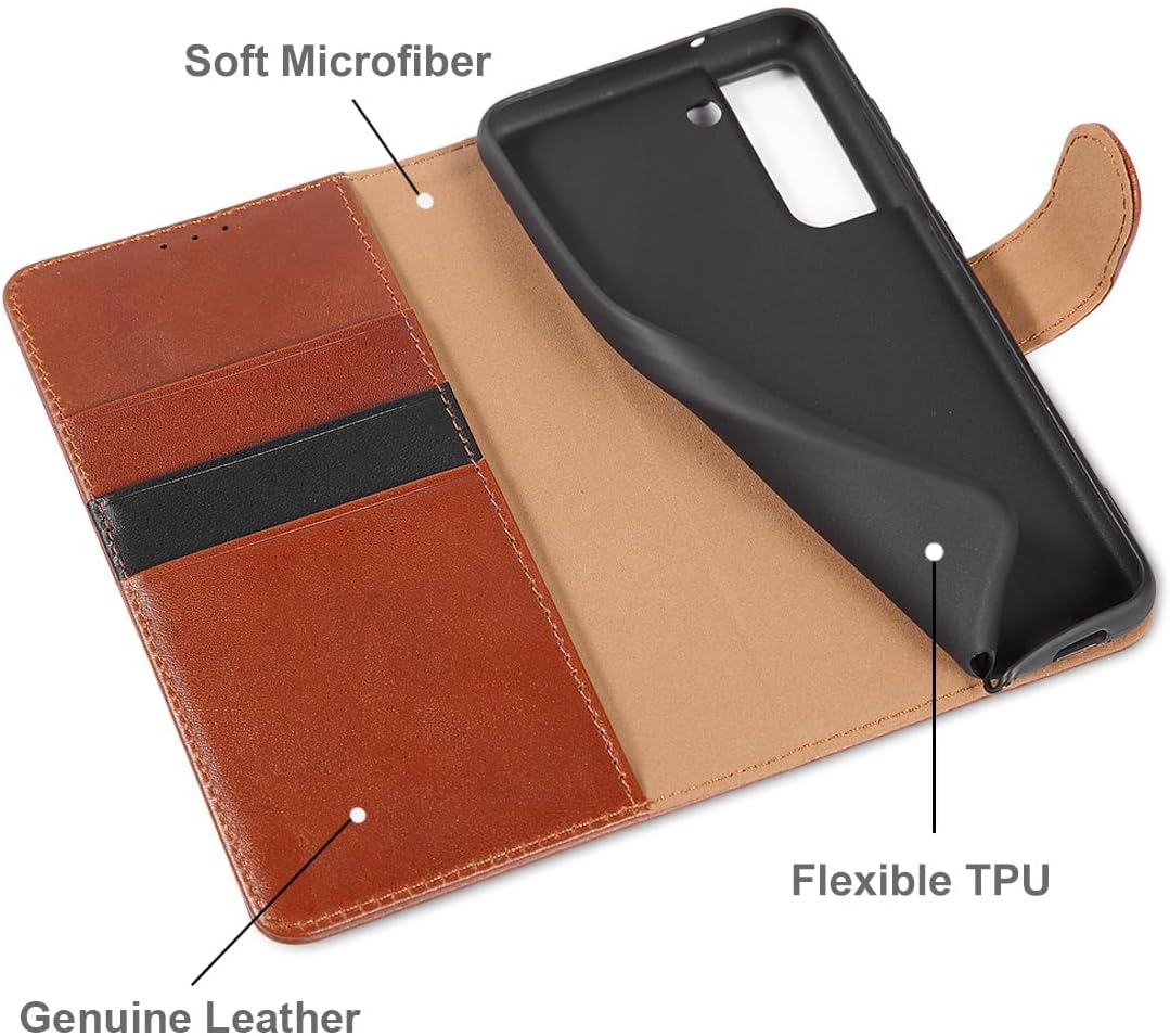 LENSUN Echtleder Hülle für Samsung Galaxy S21 FE, Handyhülle [Premium Echtes Leder] [Kartenfach] [RF