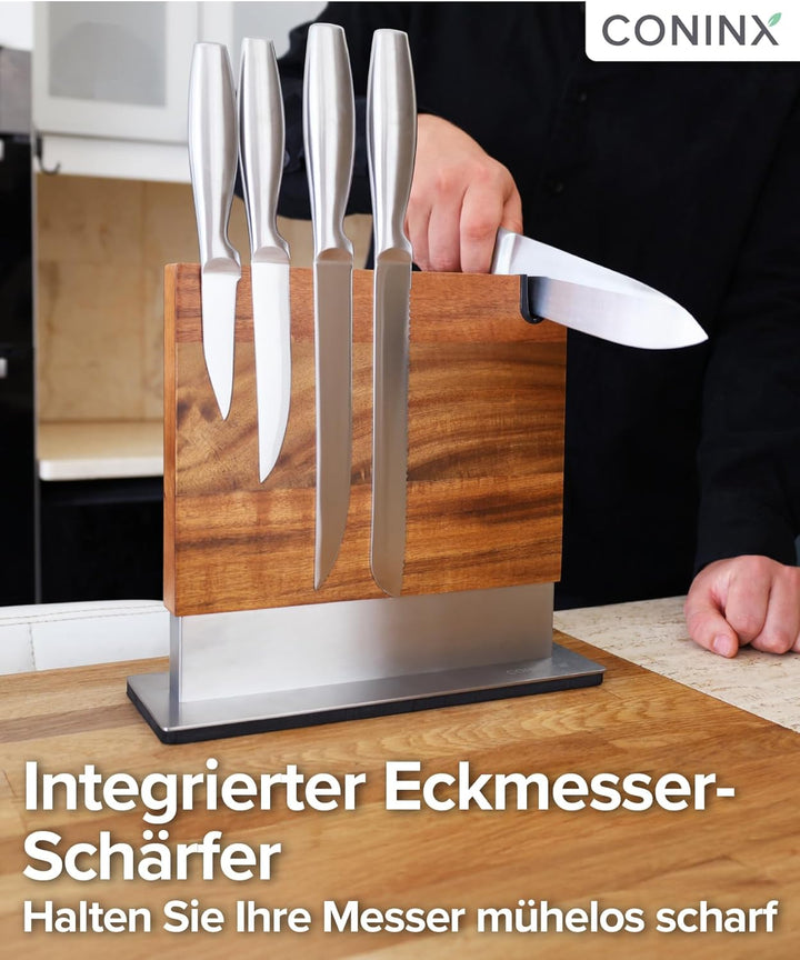 Coninx Magnetischer Messerblock mit integriertem Schärfer – Zweiseitiger Messerhalter aus Akazienhol