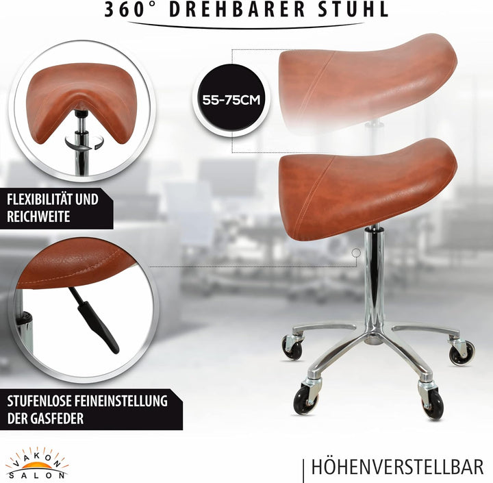 Premium Sattelhocker Hellbraun, Sattelstuhl für Rückenentlastung, Rollhocker höhenverstellbar von 55