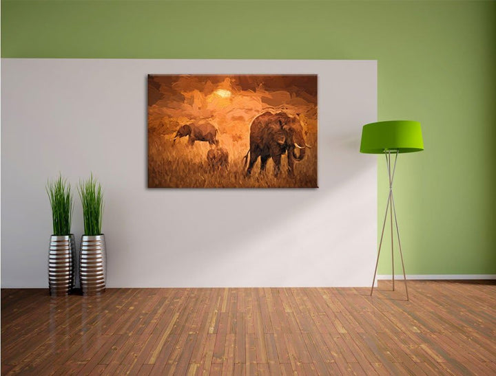 Pixxprint Elefanten in der Savanne / 100x70cm Leinwandbild bespannt auf Holzrahmen/Wandbild Kunstdru