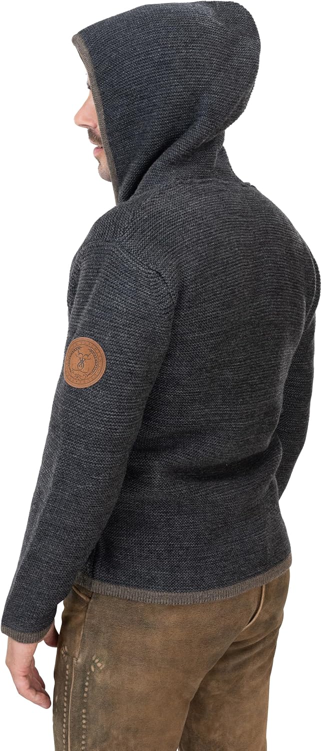 Herren Trachtenjacke mit Kapuze – Trachten-Strick-Jacke aus Wolle – Hoodie Strickjacke Grau/Anthrazi