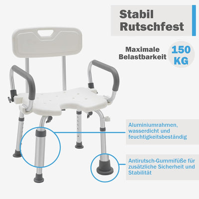 UISEBRT Duschstuhl mit Abnehmbaren Armlehnen und Rückenlehne, Duschhocker Höhenverstellbar Badhocker