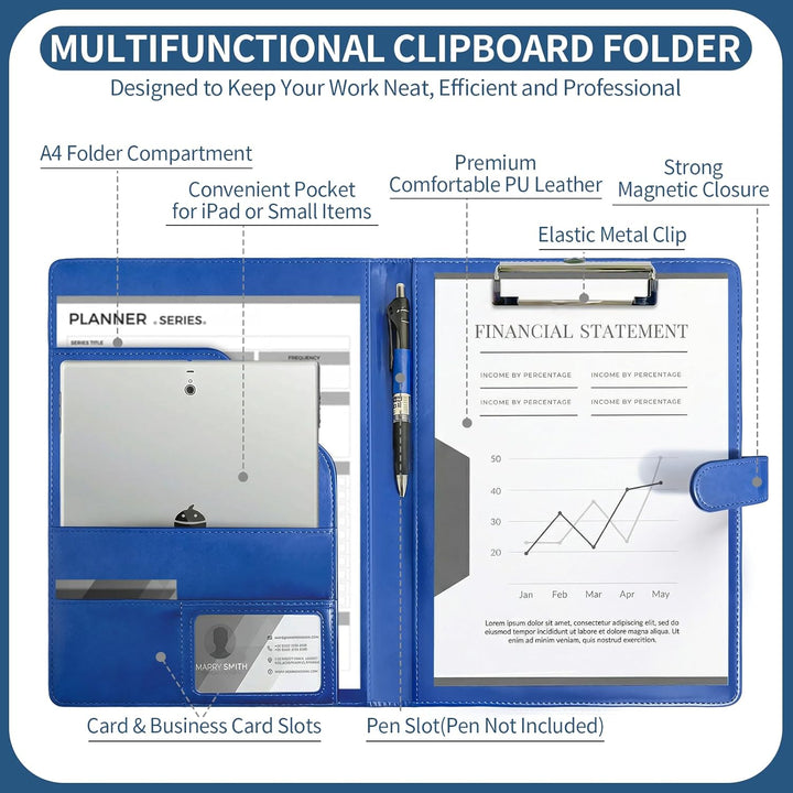 Klemmbrettmappe A4 aus PU-Leder, Magnetische Faltbare Clipboard Schreibmappe mit Deckel, Stiftehalte