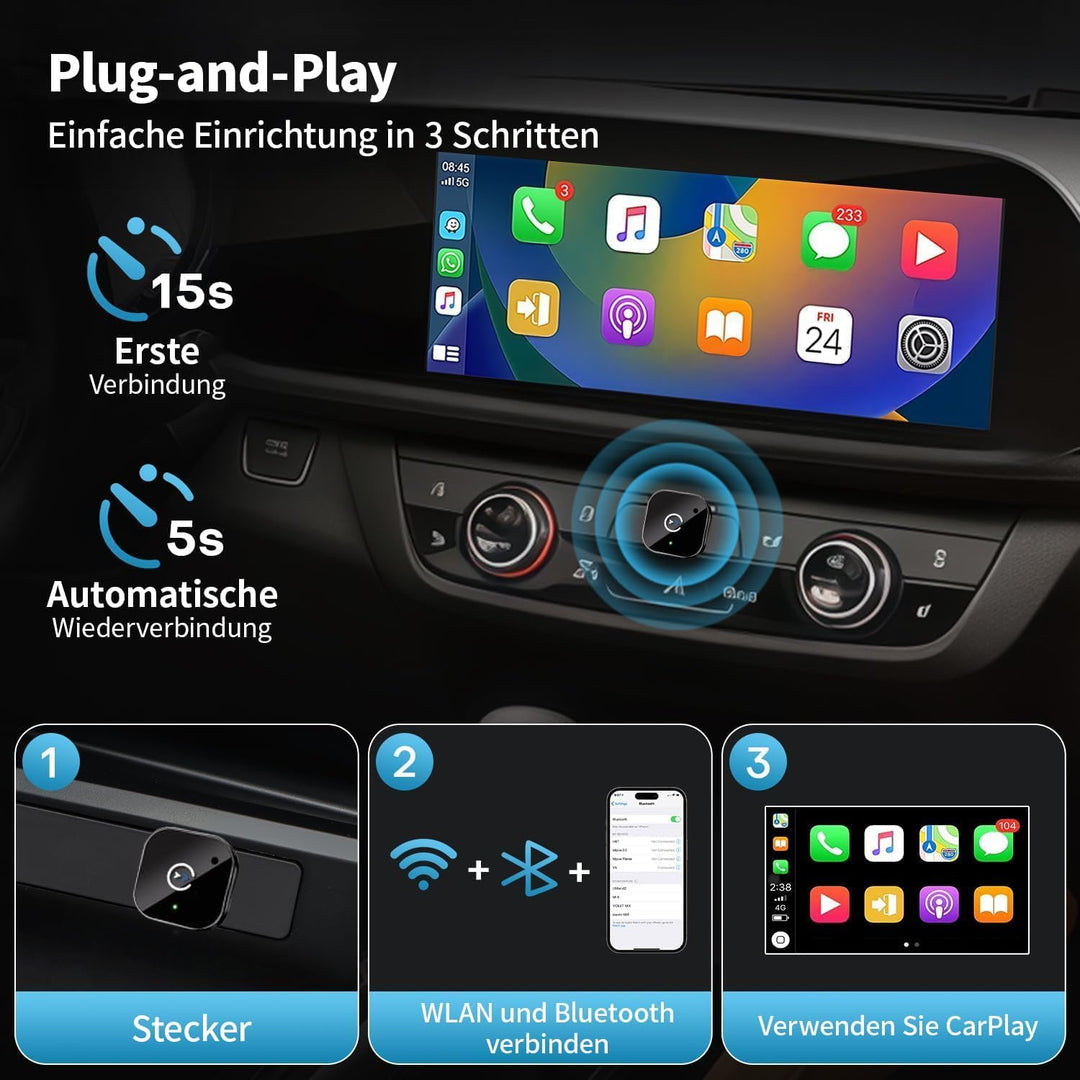 2025 Upgraded Wireless CarPlay Adapter – Bluetooth 5.3 & WiFi 6, Plug & Play USB-A mit USB-C Adapter