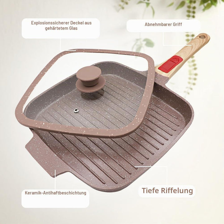 Grillpfanne Induktion mit Deckel 26 x 24 cm, Antihaft Keramikbeschichtung Grill Pfanne mit Abnehmbar