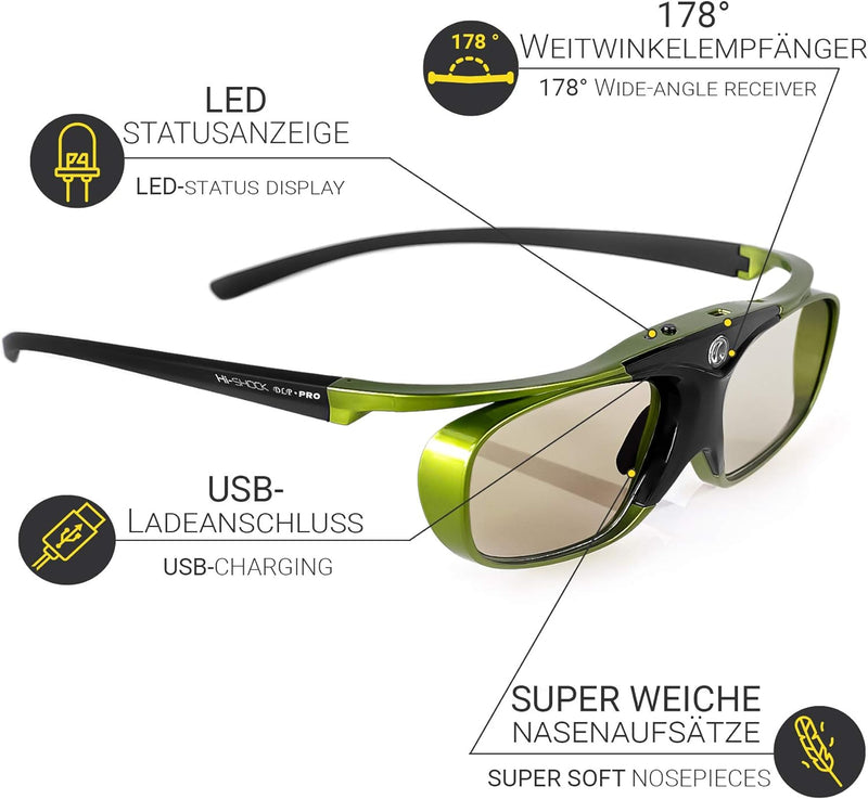 Hi-Shock DLP Pro Lime Heaven | DLP Link 3D Aktive Brille für 3D DLP Beamer von Acer, BenQ, Optoma, V