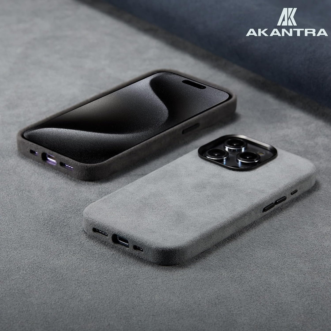 AKANTRA Alcantara Hülle für Apple iPhone 15 Pro, handgefertigt, vollständig umwickelt, synthetisches