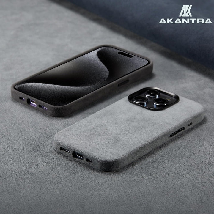 AKANTRA Alcantara Hülle für Apple iPhone 15 Pro, handgefertigt, vollständig umwickelt, synthetisches