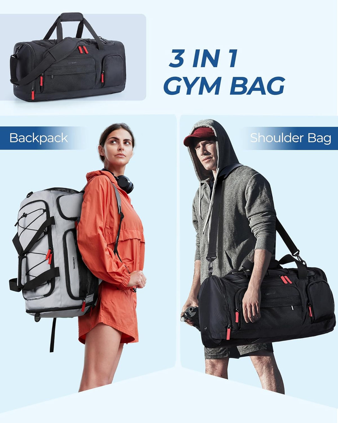 BAGSMART Sporttasche Damen und Herren, Sporttasche mit Schuhfach und Nassfach wasserdichte Gym Bag R