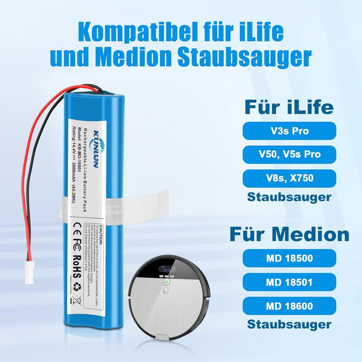 KUNLUN 3000mAh 14.4V Ersatzakku für iLife V3s Pro V50 V5s Pro V8s X750 für Medion MD 18500, MD 18501