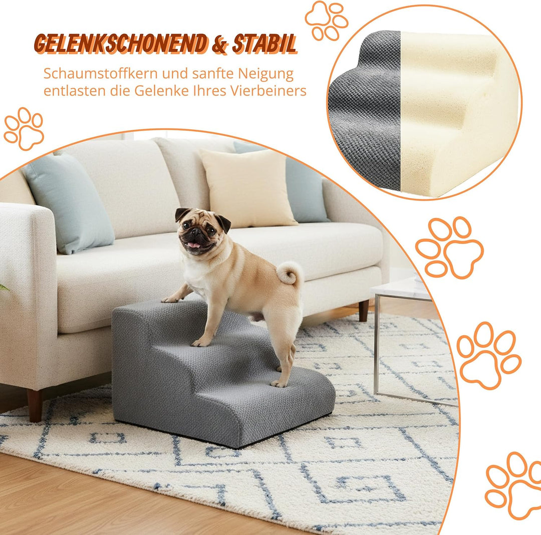 Relaxdays Hundetreppe, 3 Stufen, HxBxT: 35 x 35 x 56 cm, rutschfest, Stoffbezug, Haustiertreppe Bett