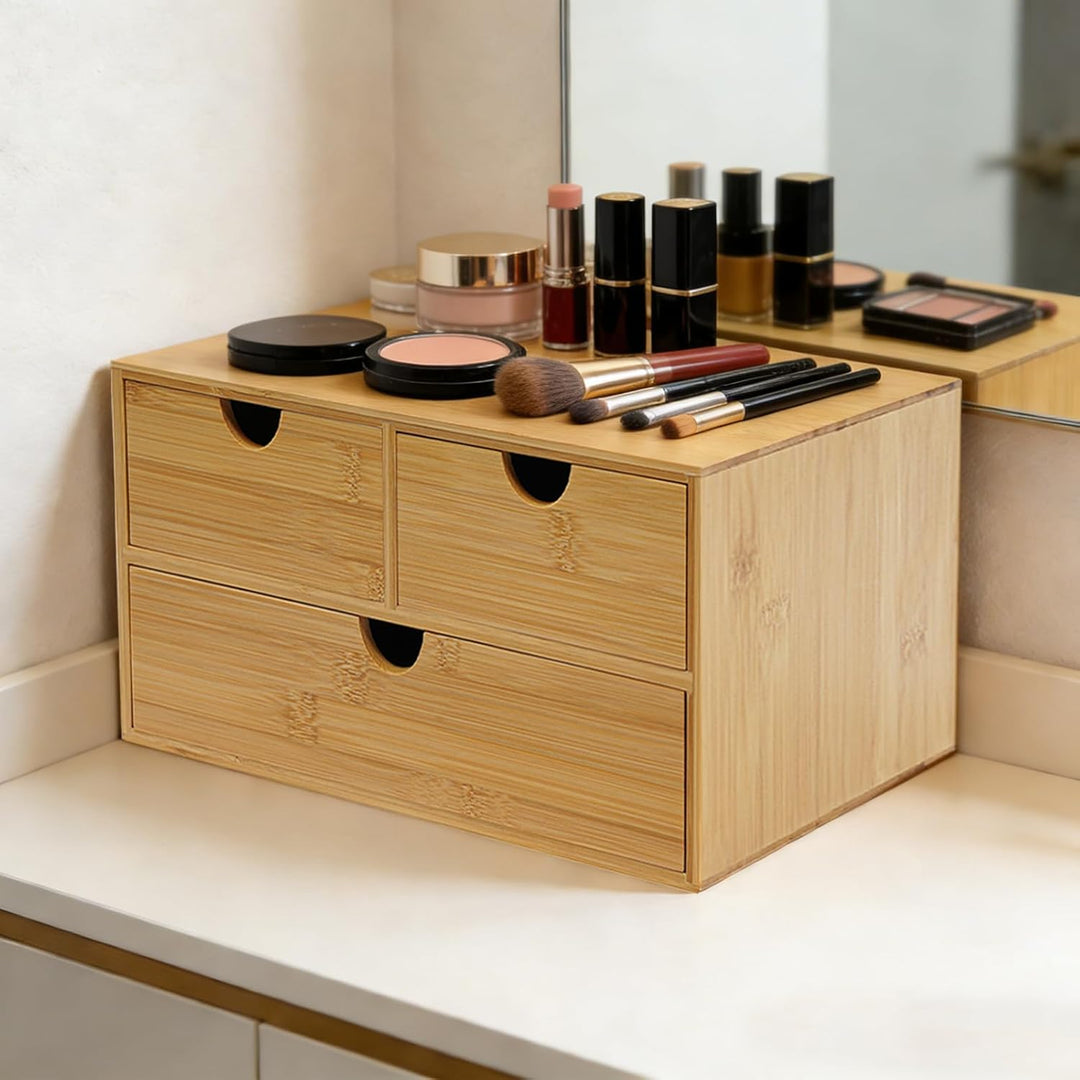 Aufbewahrungsbox Bambus Schreibtisch Organizer mit 3 Schubladen Mini Kommode Rohholzfarbe Schreibtis