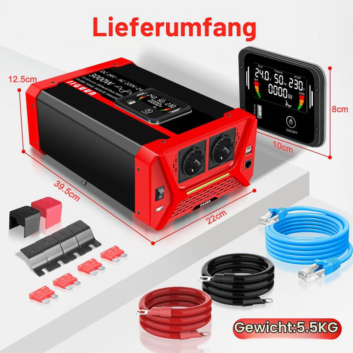 JIGUUN 2000W/4000W Reiner Sinus Spannungswandler 12V auf 220/230V- kfz Wechselrichter-Inverter Konve