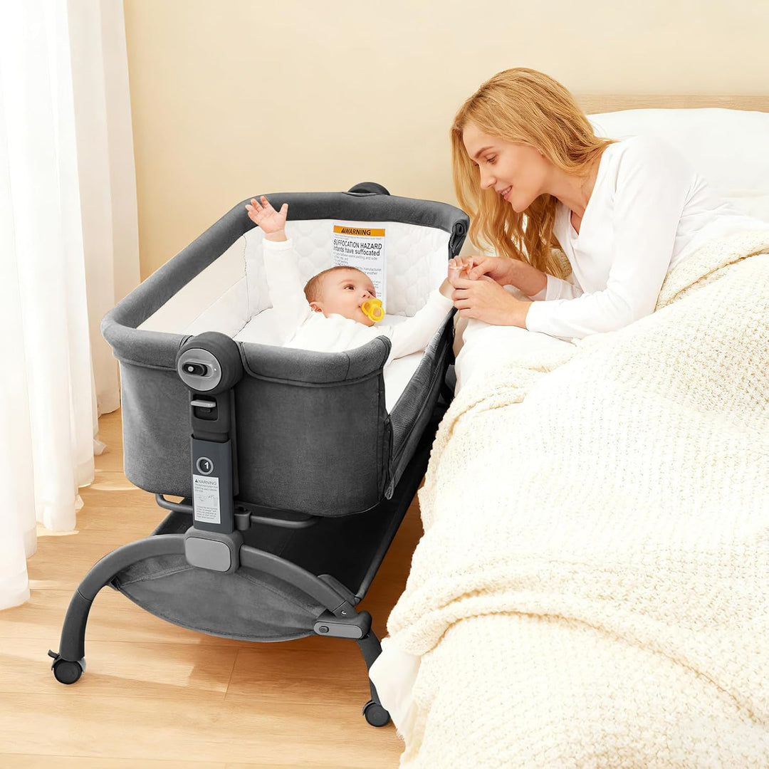 GarveeTech Beistellbett Baby höhenverstellbar mit Matratze, Mesh-Seiten, Wiegefunktion, Rollen mit B