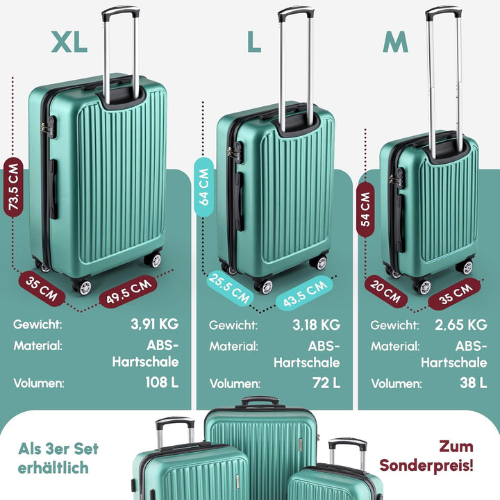 ABS Hartschalenkoffer - Ergonomisch & Sicher - Trolley Koffer Set 3-teilig mit 360° Rädern, Zahlen-S