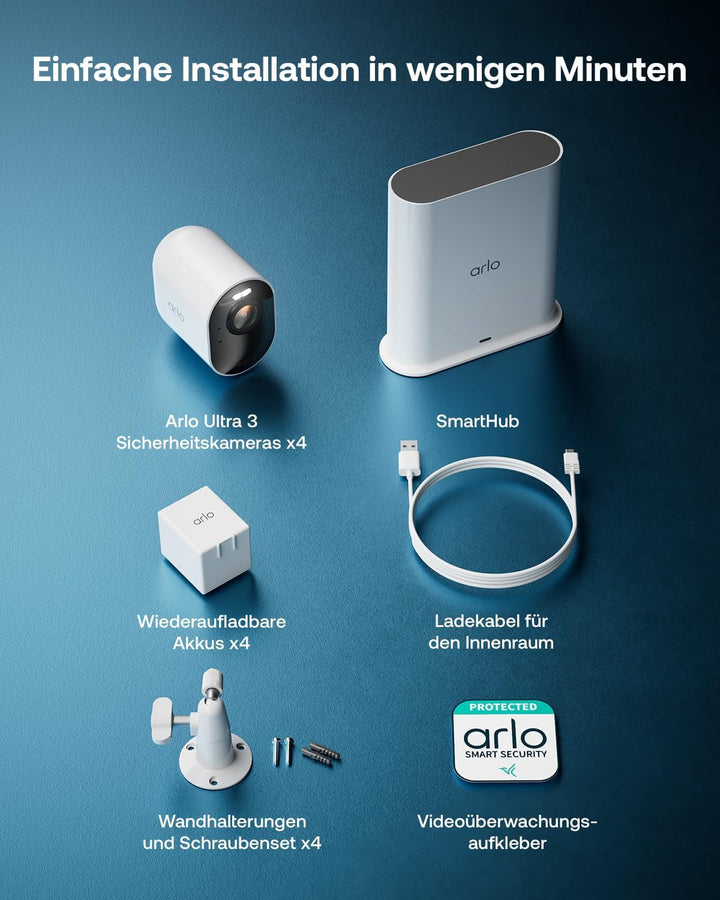 Arlo Ultra 3 Überwachungskamera Aussen WLAN, Kabellos, 4K UHD, KI-Erkennung, Auto-Tracking, Farb-Nac