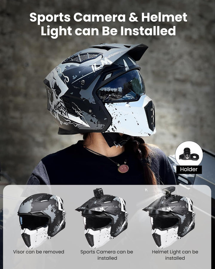 ILM Helm Motorrad Motocross Herren Damen Vintage Retro mit Visier ECE Model Z302,Schädel Matt, XL XL