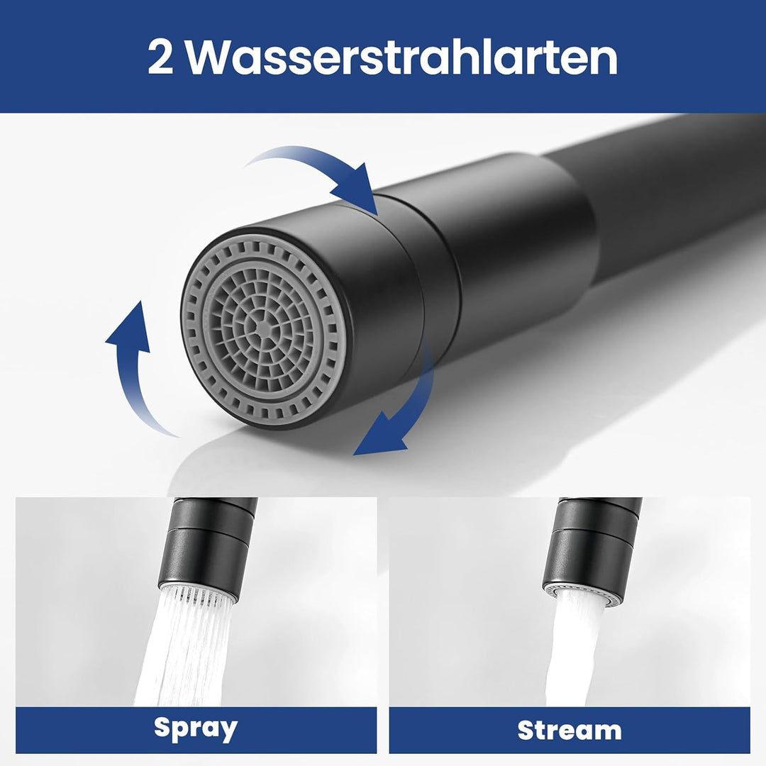 CECIPA Flexibler Wasserhahn, schwarz, für die Küche, mit 2 Strahlarten, Einhebelmischer, klappbar, W