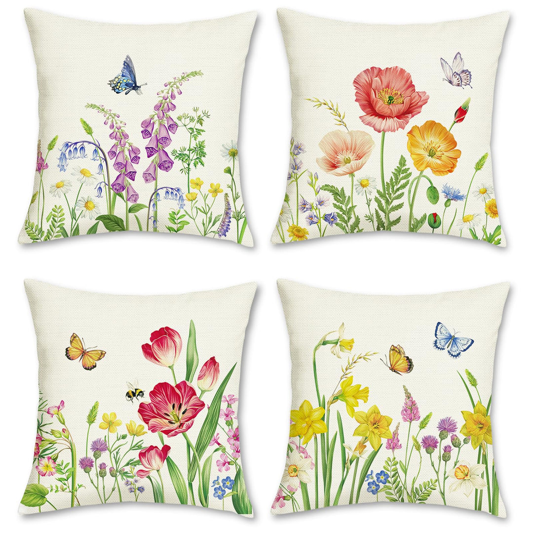 Bonhause 4er Set Kissenbezüge Blumen 45 x 45 cm Blume Garten Schmetterlinge Polyester Leinen Dekorat