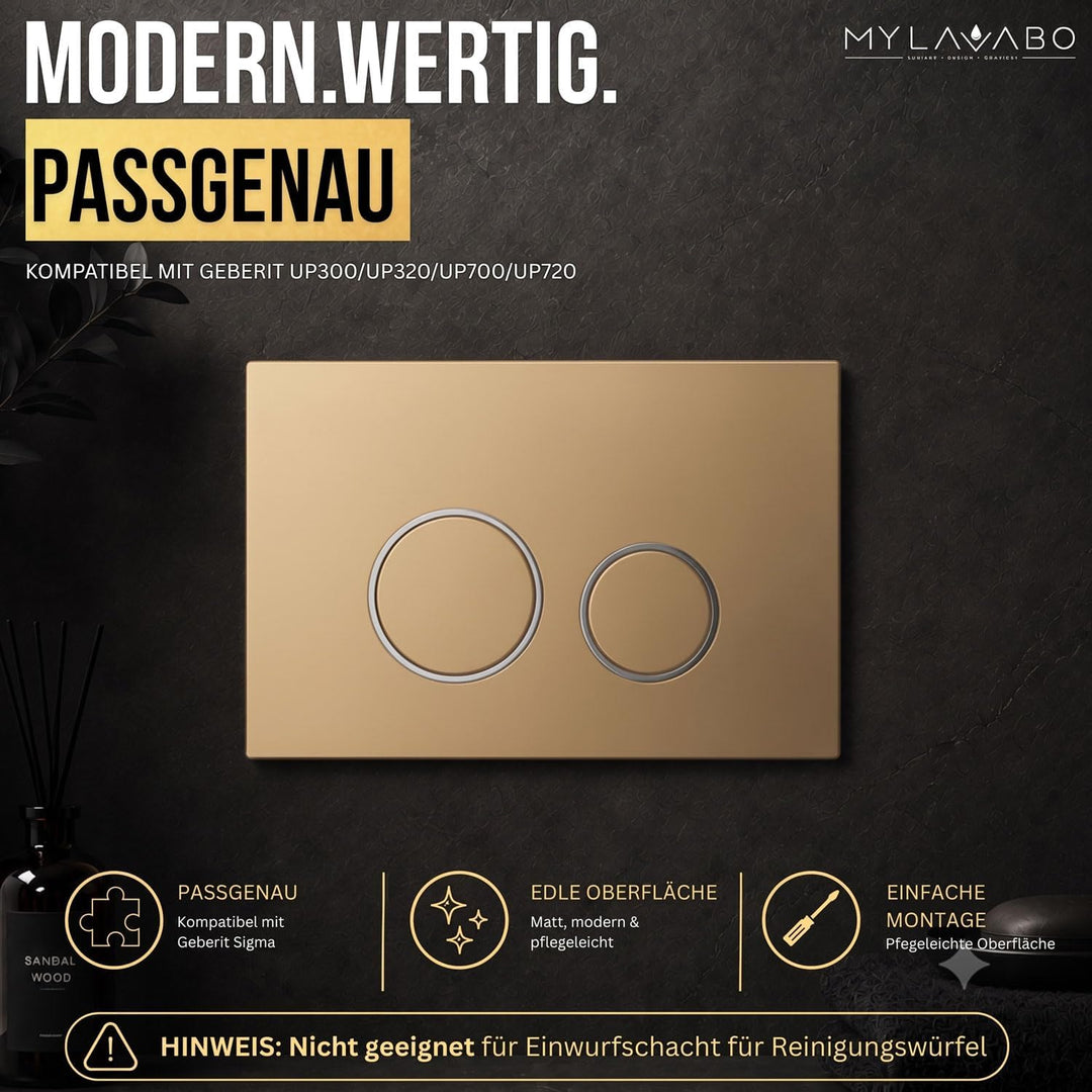Drücker- & Betätigungsplatte passend für Geberit Delta (Kunststoff, gold, chrom Ringe) | go-chrom-de