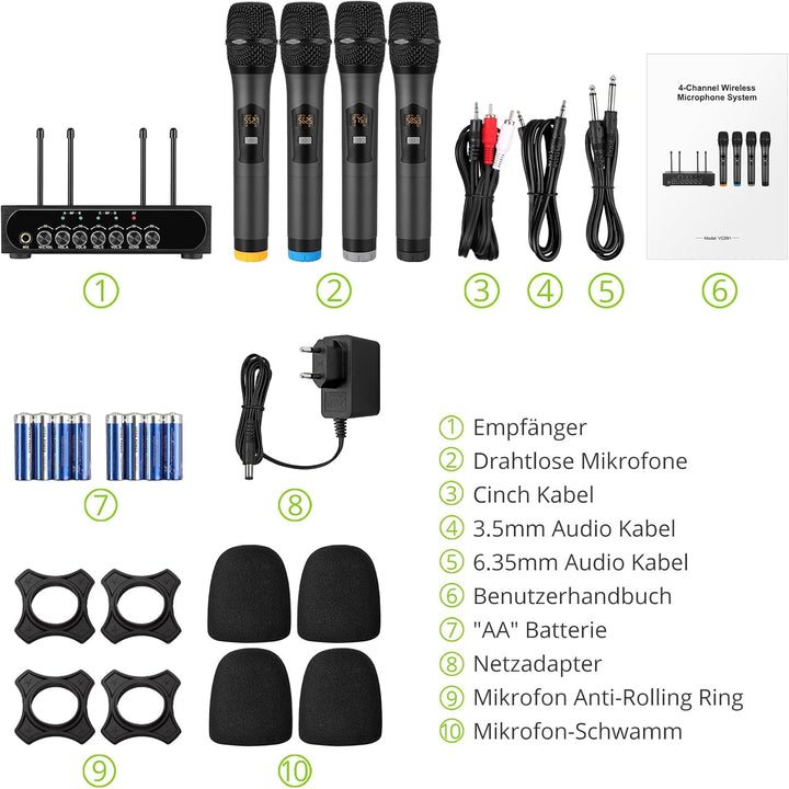 LiNKFOR 4 x UHF Mikrofon drahtloses UHF 4 Kanal Mikrofonsystem mit 4 drahtlosen Handmikrofonen, 50 *