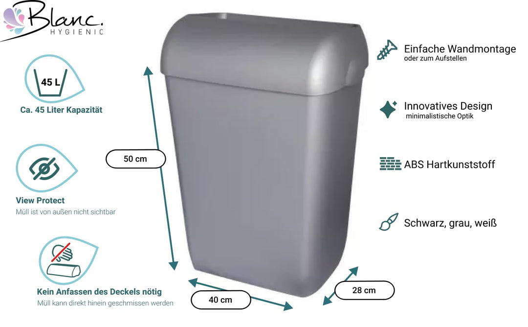 Blanc HYGIENIC Abfallbehälter Premium BIN – Mülleimer mit abnehmbarem Deckel, Abfalleimer 45 Liter,