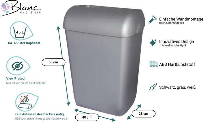 Blanc HYGIENIC Abfallbehälter Premium BIN – Mülleimer mit abnehmbarem Deckel, Abfalleimer 45 Liter,