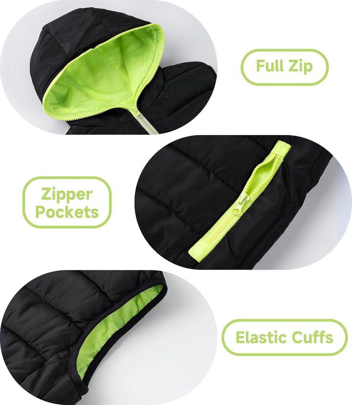 Kinder Warme Weste Jungen Steppweste Ärmellose Winterjacke Puffer Weste mit Kapuze, Schwarz Grü