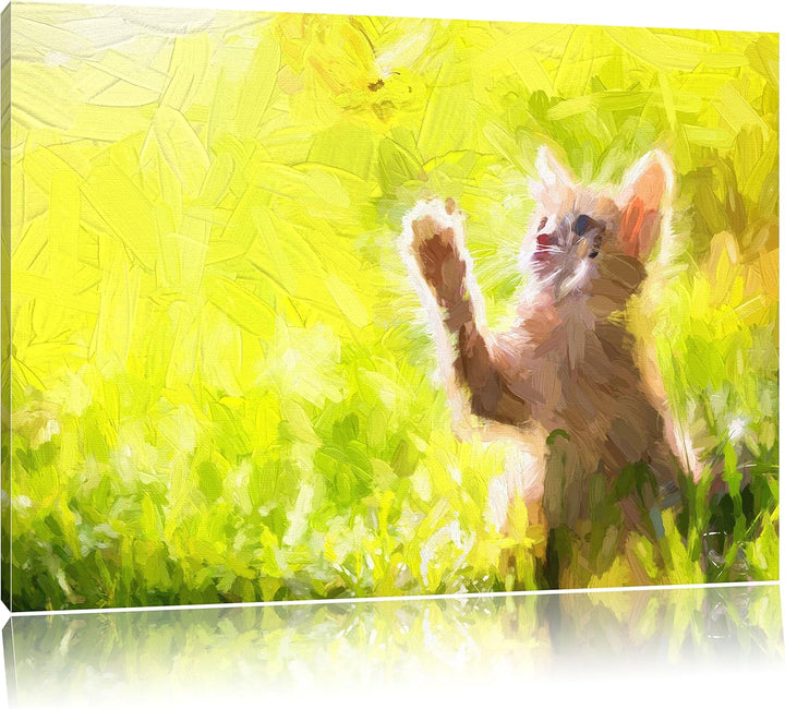 Pixxprint Kätzchen jagt Schmetterling Kunst Pinsel Effekt, Format: 100x70 auf Leinwand, 100x70