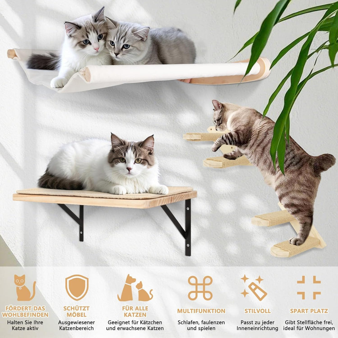 Katzen Kletterwand Set, 55cm x 46cm Katzenhängematte & Katzenwandregale & 2 Katzenleiter, 4er-Set Ka