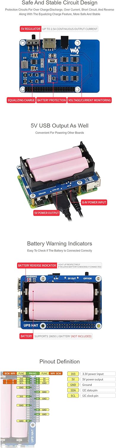 UPS HAT for Raspberry Pi Series Boards Support 5V Uninterruptible Power Supply Charge and Power Outp