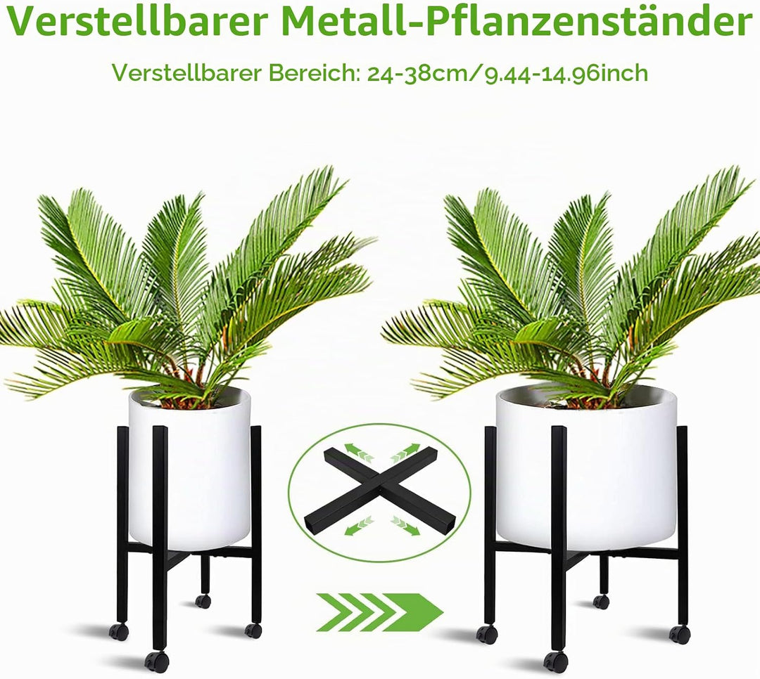 Verstellbarer Pflanzenständer, Blumenständer Metall Schwarz mit 4 Umlenkrollen für 24-38 cm Verschie