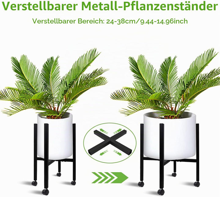 Verstellbarer Pflanzenständer, Blumenständer Metall Schwarz mit 4 Umlenkrollen für 24-38 cm Verschie