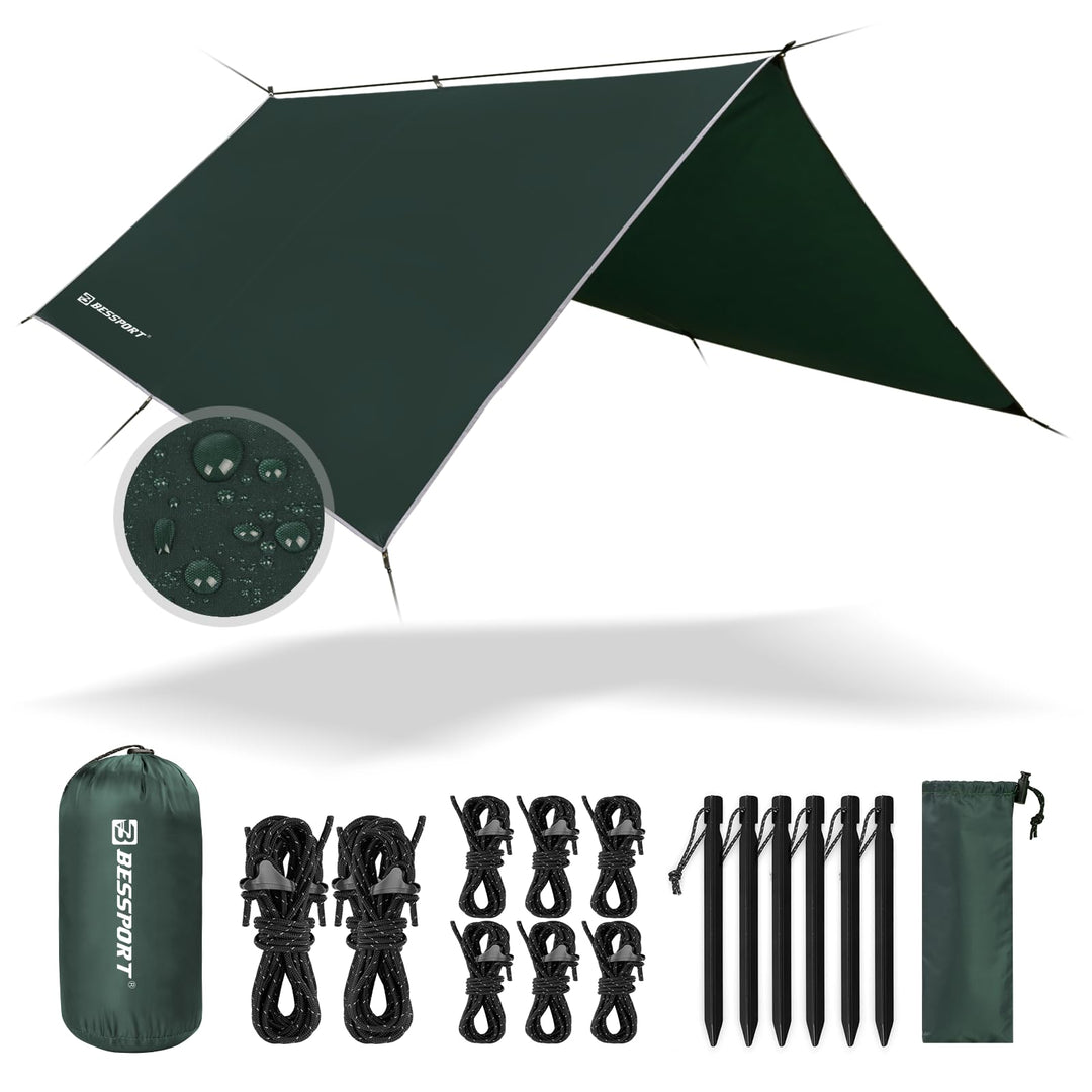 Bessport Zeltplane, Camping Zelt Tarp 3m x 3m/3m x 4m Wasserdicht PU3000 mm Tarp für Hängematte, mit