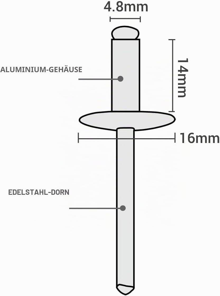 SKIR'CO (100 Stück) Grossflansch Alu Blindnieten 4,8 x 14 mm, Edelstahldorn, RAL 7016 Anthrazitgrau