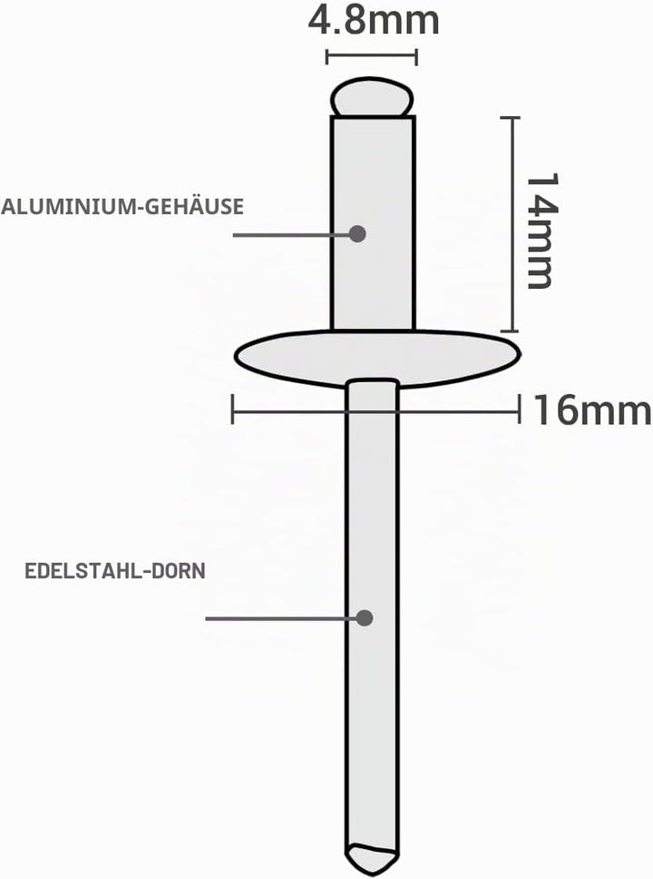 SKIR'CO (100 Stück) Grossflansch Alu Blindnieten 4,8 x 14 mm, Edelstahldorn, RAL 7016 Anthrazitgrau