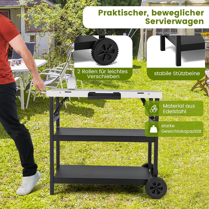 COSTWAY Grilltisch mit 3 Ablagen, Grillwagen mit Verstellbarer Ablage, Telefonständer, Gewürzregal,