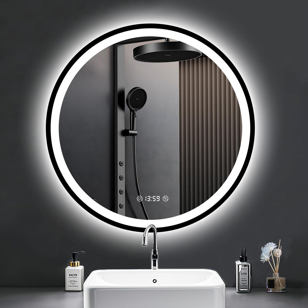 LED Spiegel mit Uhr - 70cm Runder Spiegel mit Beleuchtung Antibeschlag, Dimmbar, 3 Lichtfarben, Ener