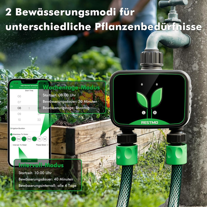 RESTMO WiFi-Bewässerungscomputer, programmierbare Wasserzeitschaltuhr für die Gartenbewässerung, 3 B
