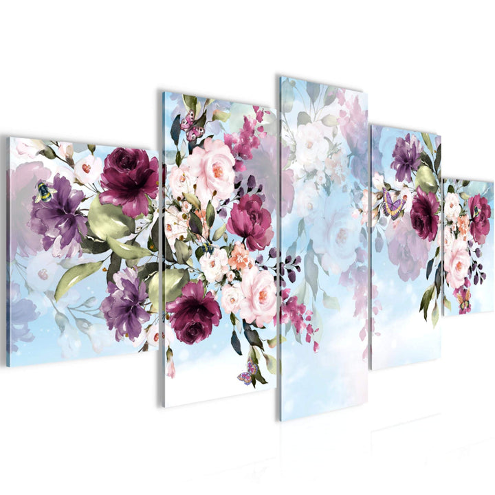 Runa Art Wandbilder Blumen 5 Teilig Bild auf Vlies Leinwand Deko Wohnzimmer Blumenbild Blau Bunt 026