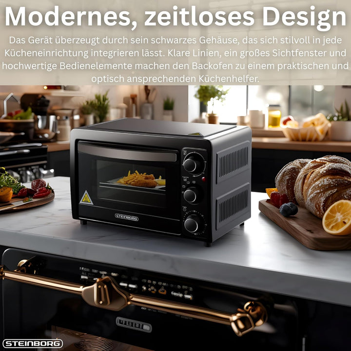 Mini Backofen 15 Liter | Pizzaofen | Minibackofen | 60 min Timer | 100°-230°C | 1200 Watt | Backofen