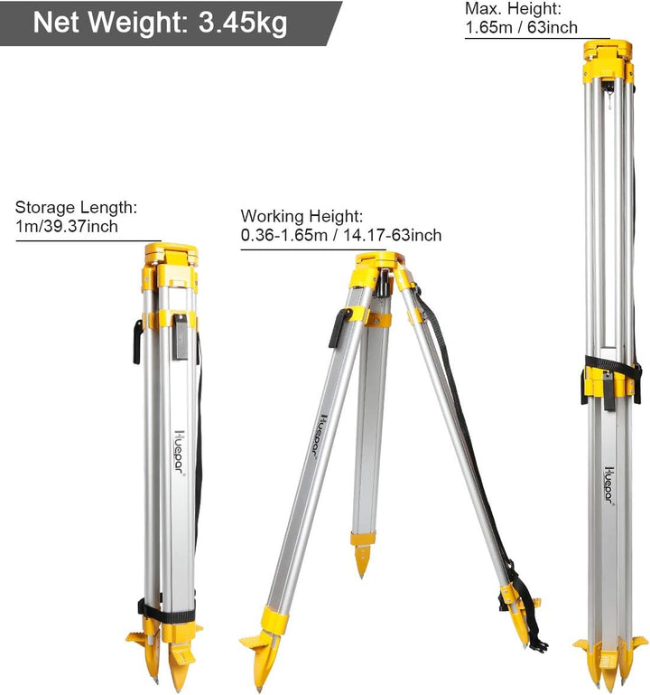 Huepar Professional Baustativ Nivellierstativ 1,65m mit 5/8"-11 Aussengewinde, Flachkopf Aluminiumst