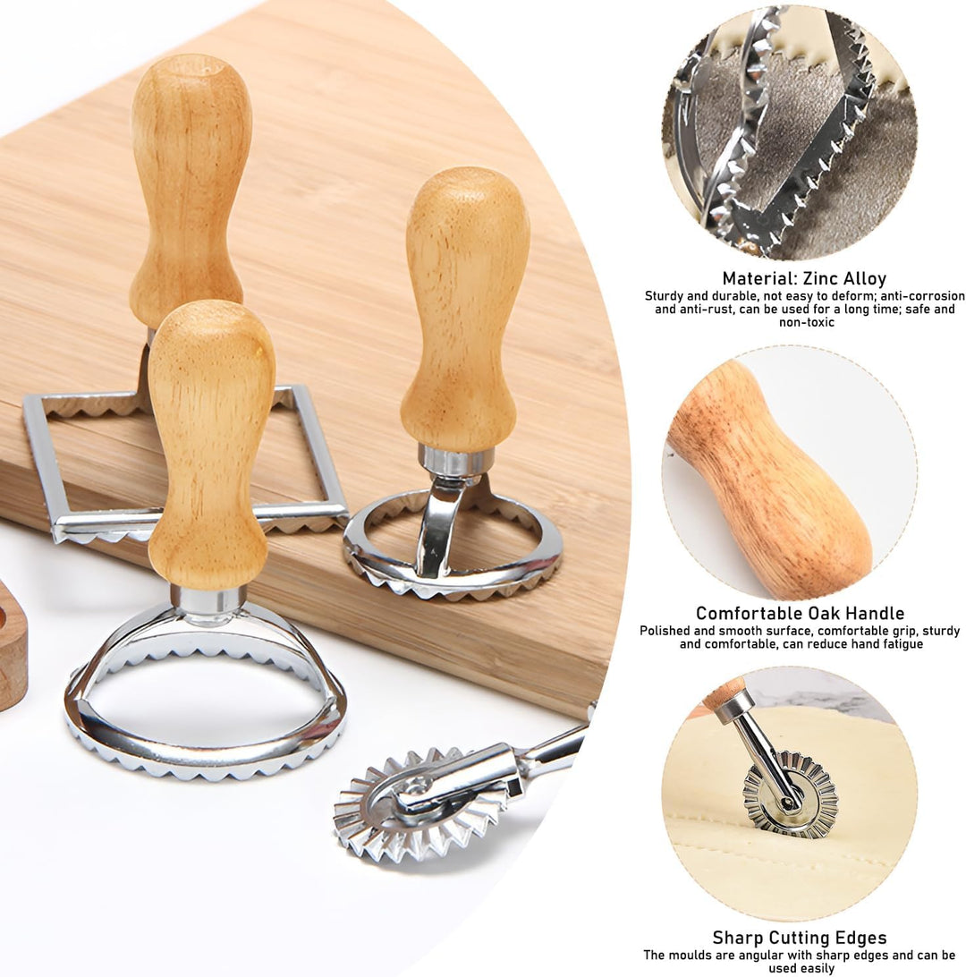 Ravioli Ausstecher 5er Set – Ravioli Former &amp; Teigrädchen mit Holzgriff | Herzform Rund Eckig | Ravi