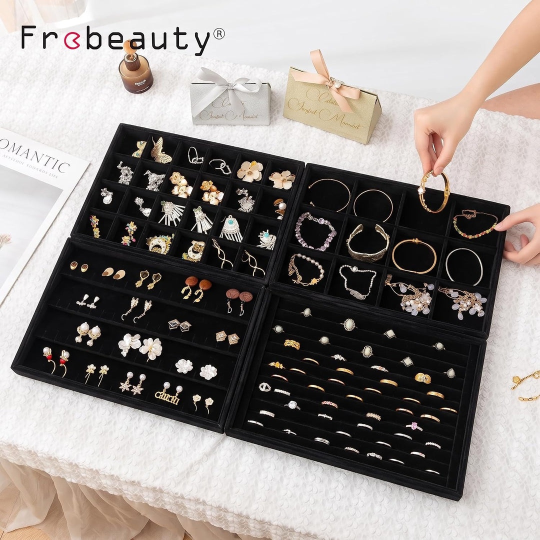 Frebeauty Stapelbare Samt-Schmuck-Organizer-Ablagen für Schubladen Einsätze Schmuckaufbewahrung Vitr