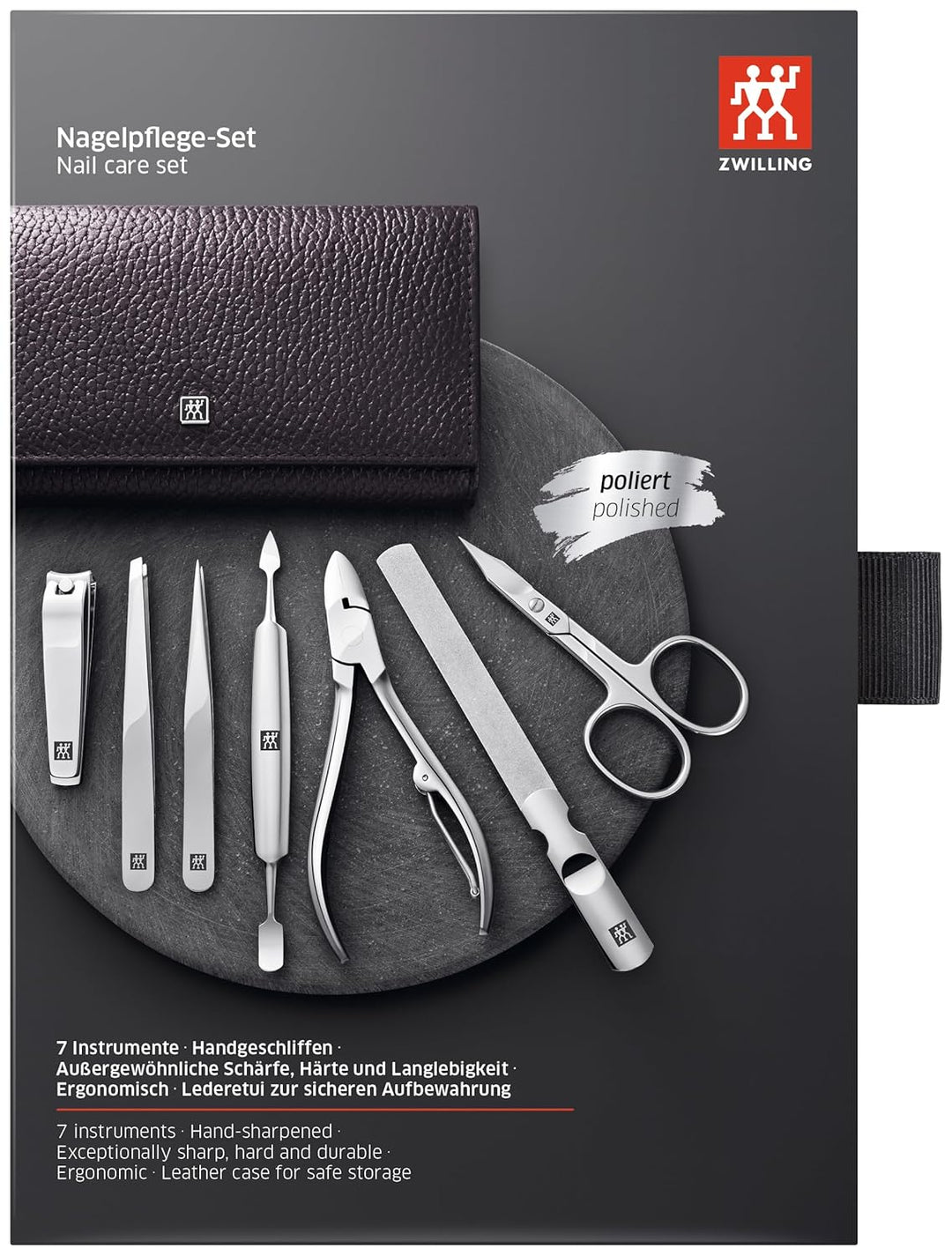 ZWILLING Maniküre und Pediküre Set, Classic INOX, Reise Etui Set, Nagelpflege, Leder, 7-teilig,